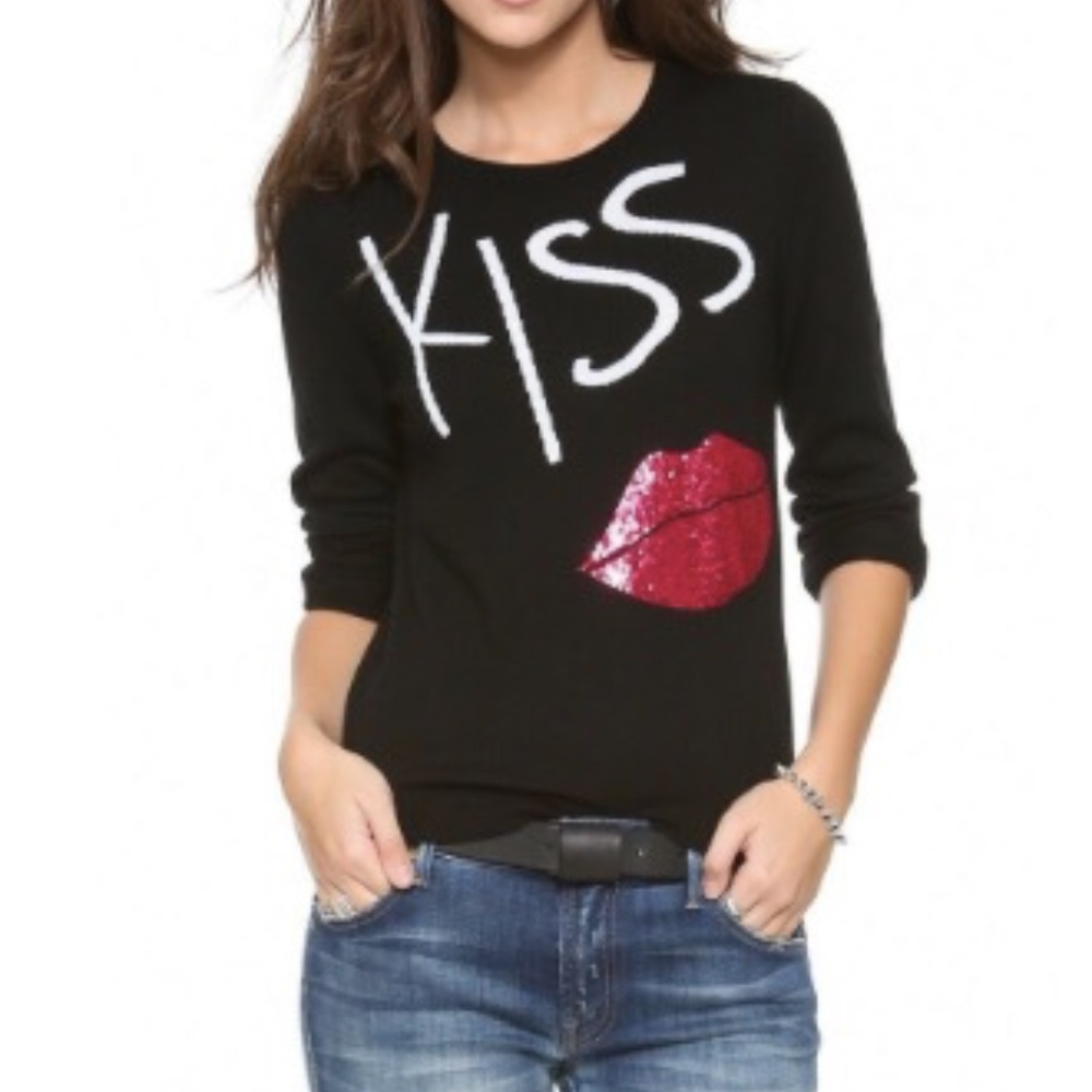 Alice + Olivia Black Crewneck Sweater with White "KISS" and Red Lip Graphic